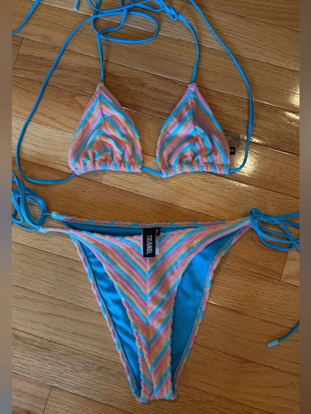 triangl swimwear blue & coral stripe bikini